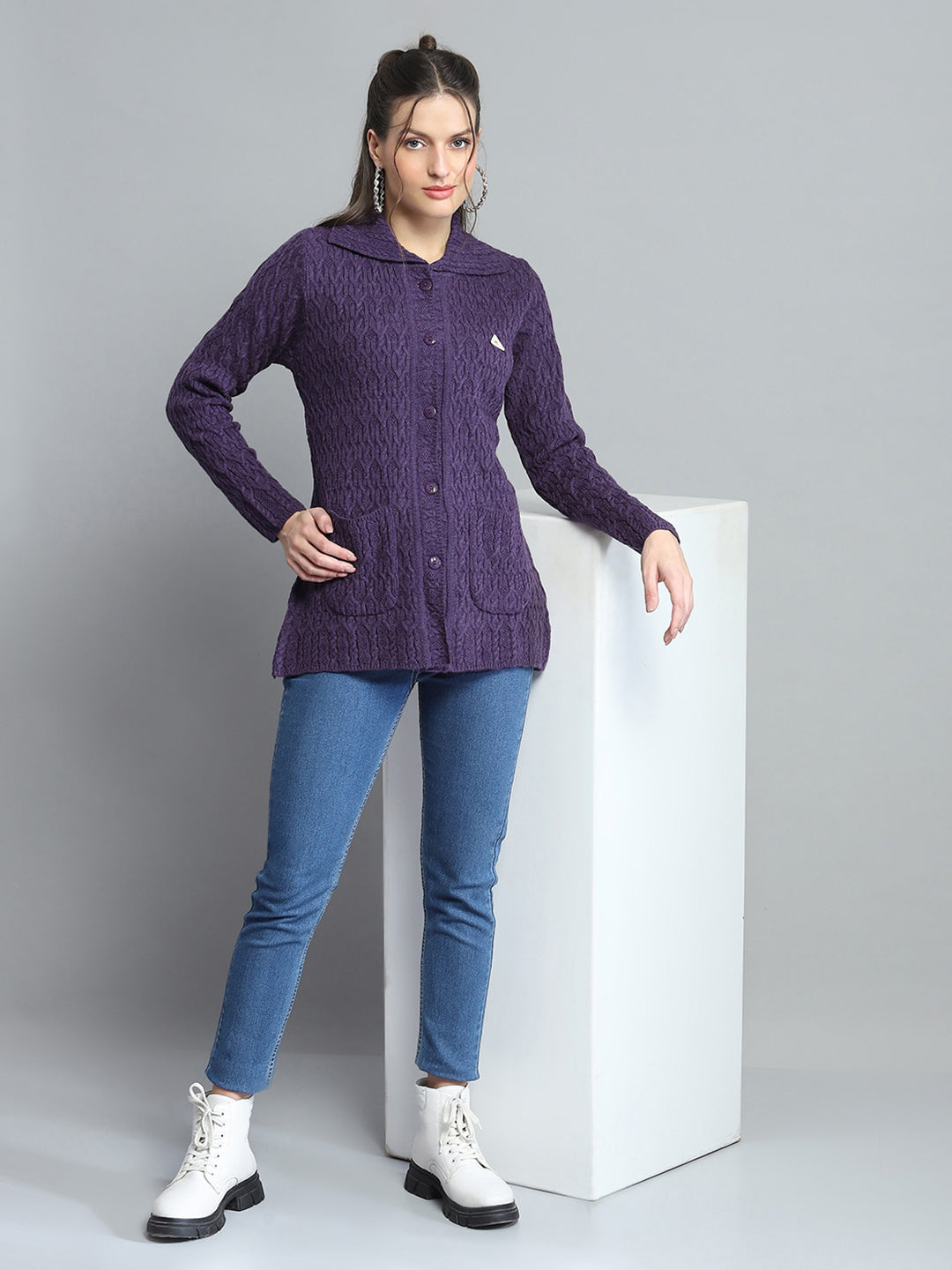 Women Purple Self Design Collar Full Sleeve Cardigan