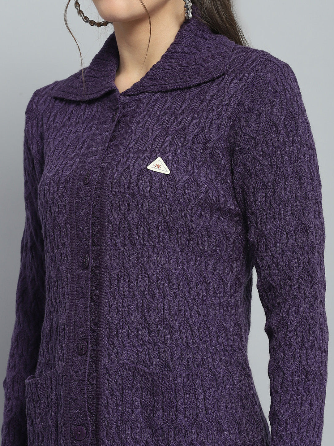 Women Purple Self Design Collar Full Sleeve Cardigan