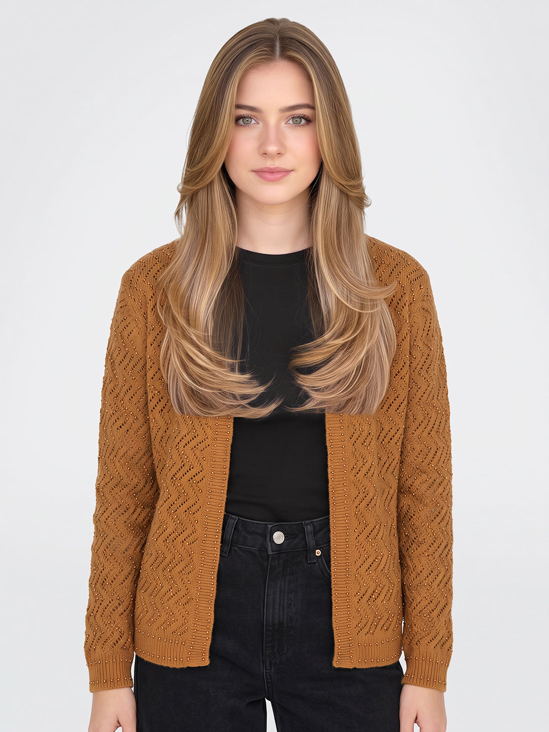 Women Mustard Self Design Front Open Full Sleeve Cardigan