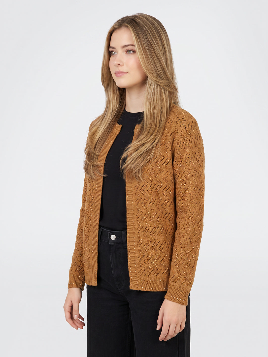 Women Mustard Self Design Front Open Full Sleeve Cardigan