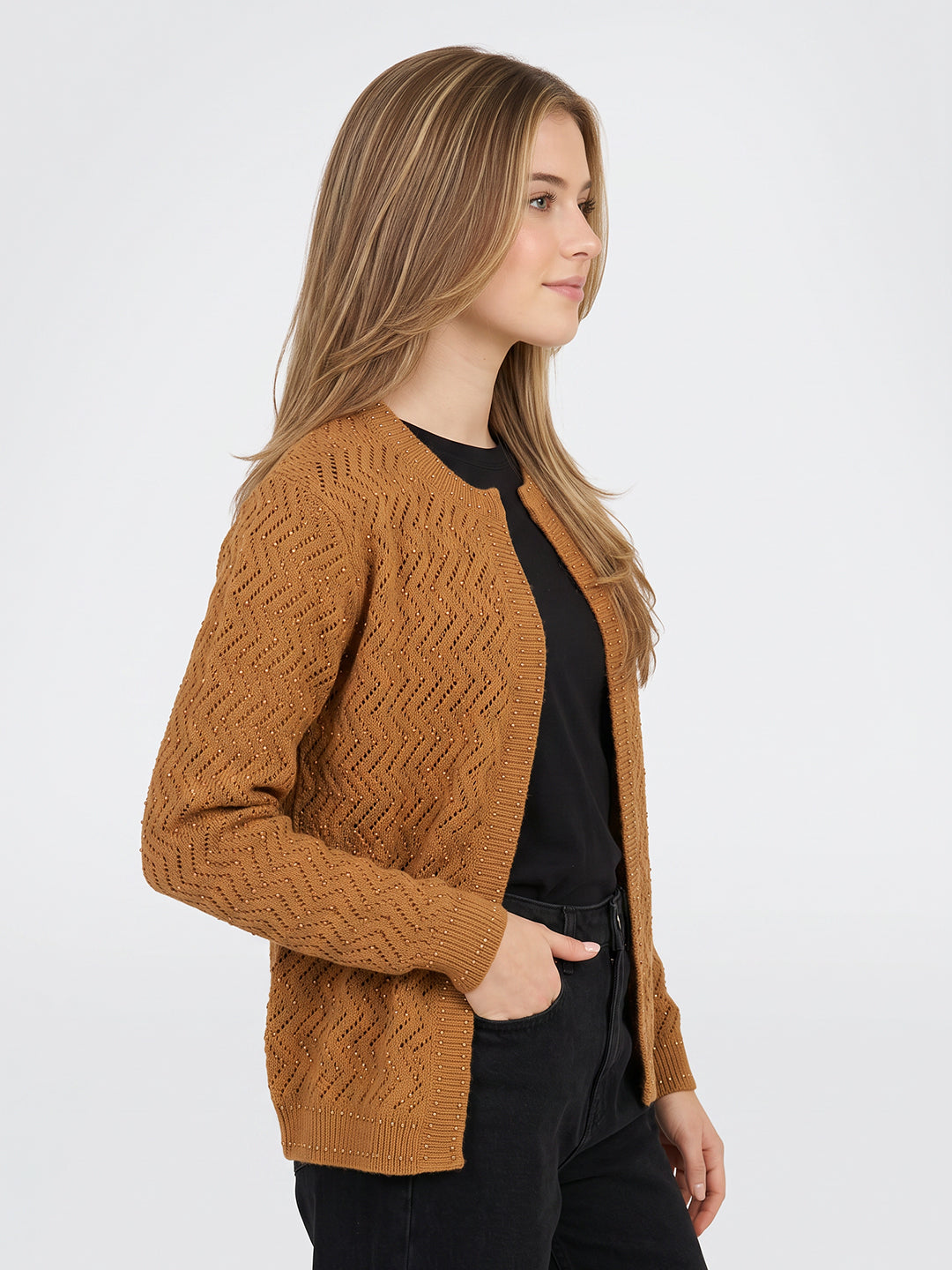 Women Mustard Self Design Front Open Full Sleeve Cardigan