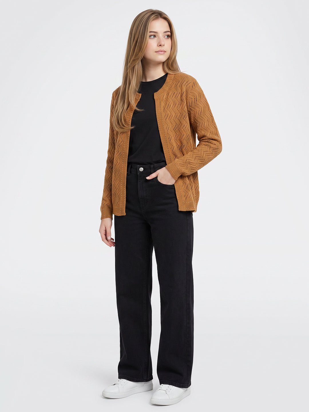 Women Mustard Self Design Front Open Full Sleeve Cardigan