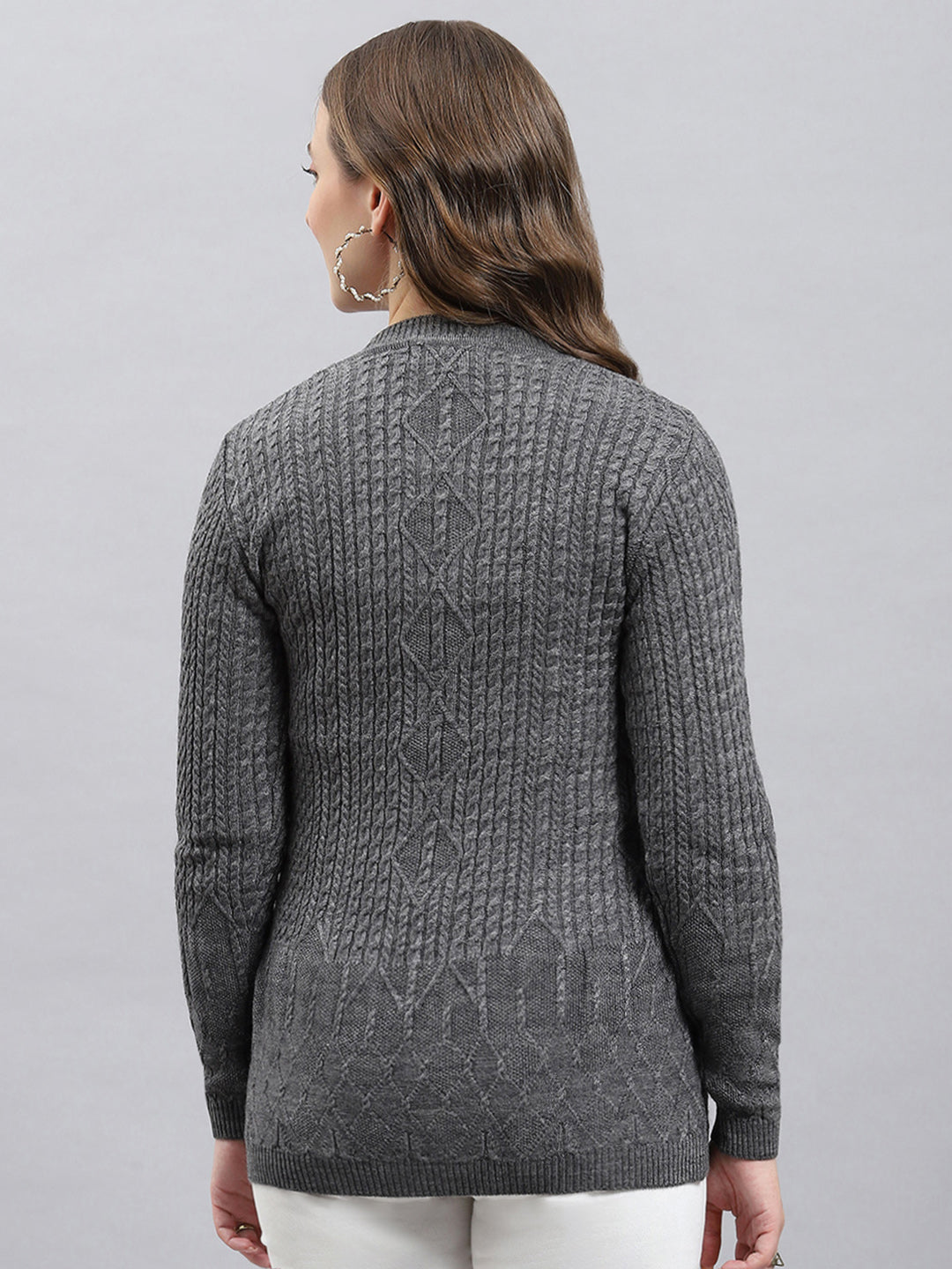 Women Grey Self Design V Neck Full Sleeve Cardigan