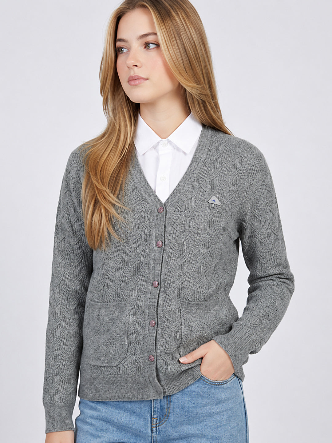 Women Grey Self Design V Neck Full Sleeve Cardigan