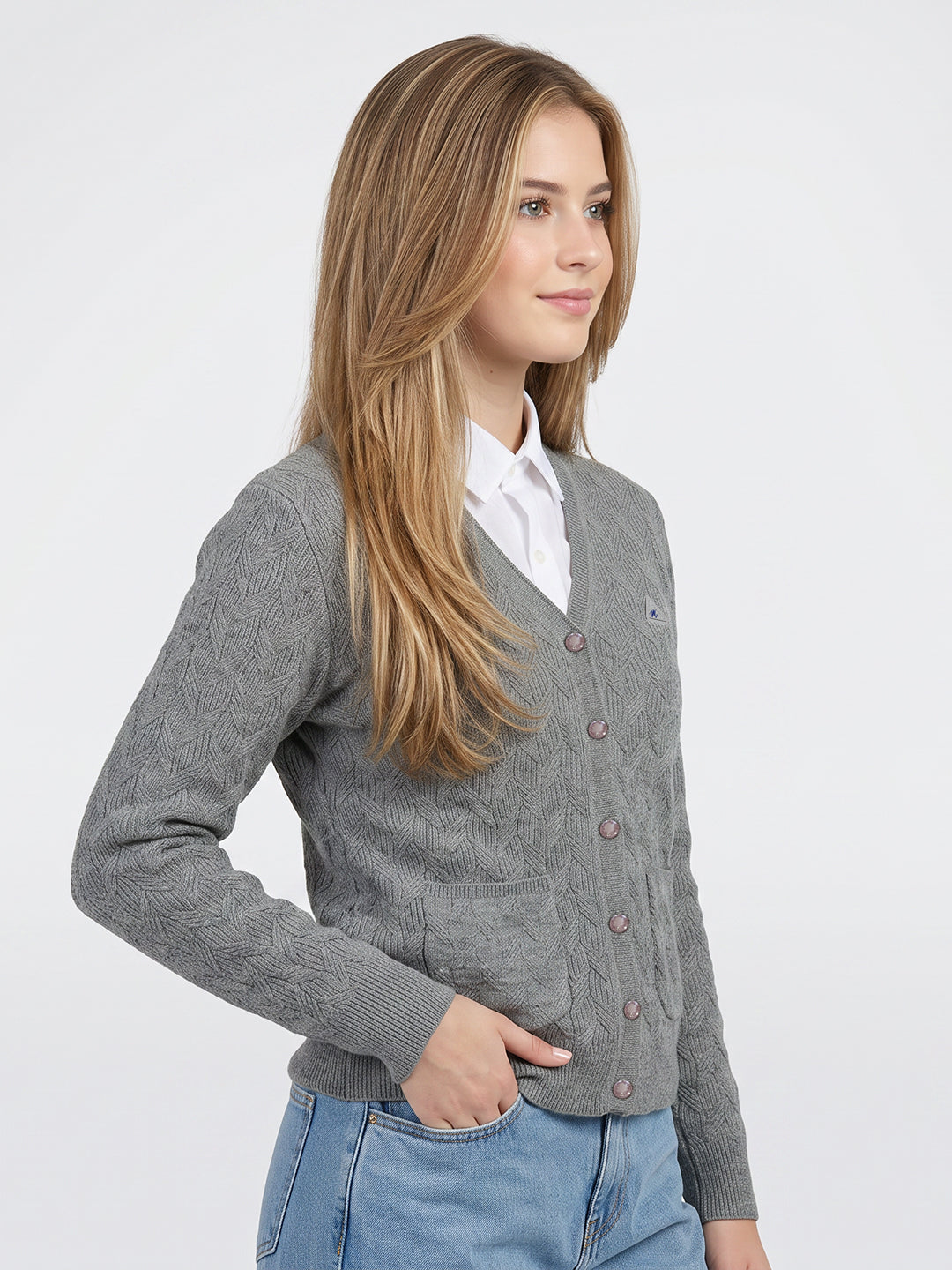 Women Grey Self Design V Neck Full Sleeve Cardigan