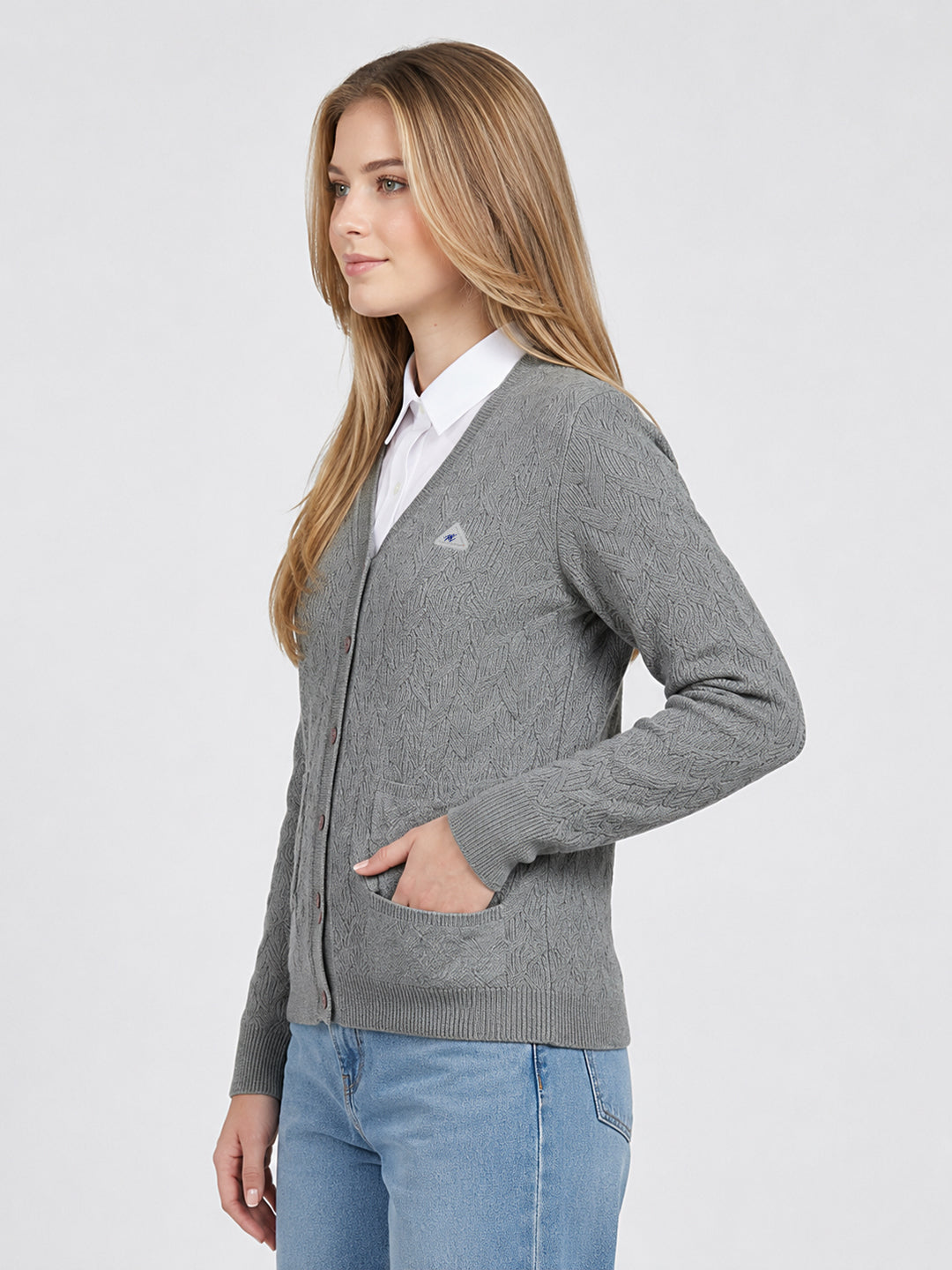 Women Grey Self Design V Neck Full Sleeve Cardigan