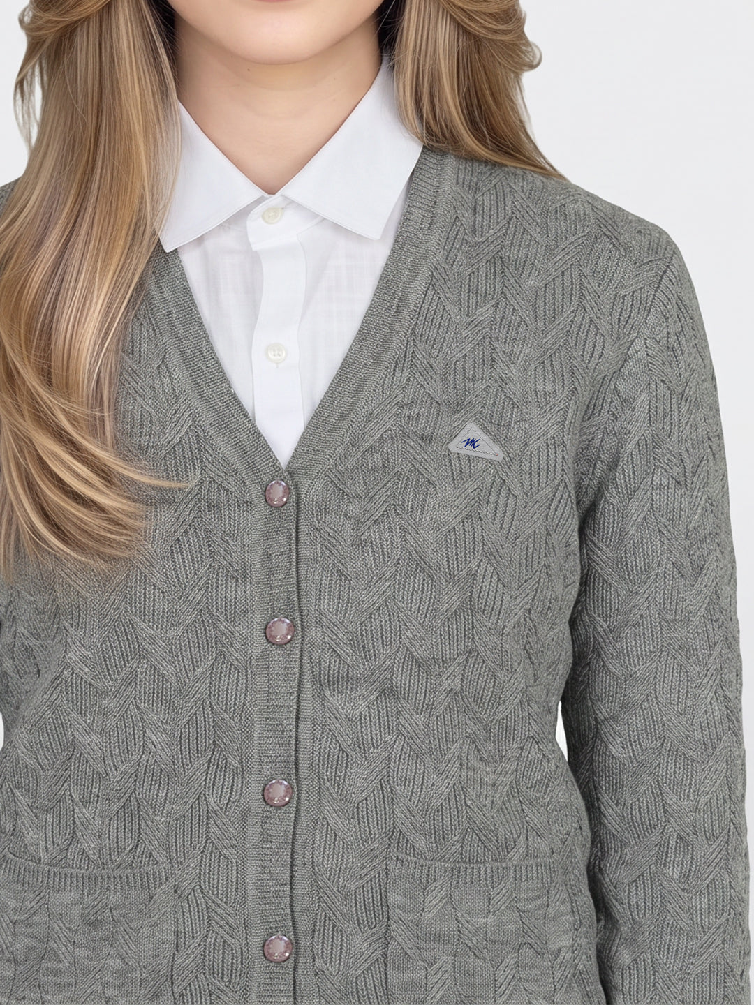 Women Grey Self Design V Neck Full Sleeve Cardigan