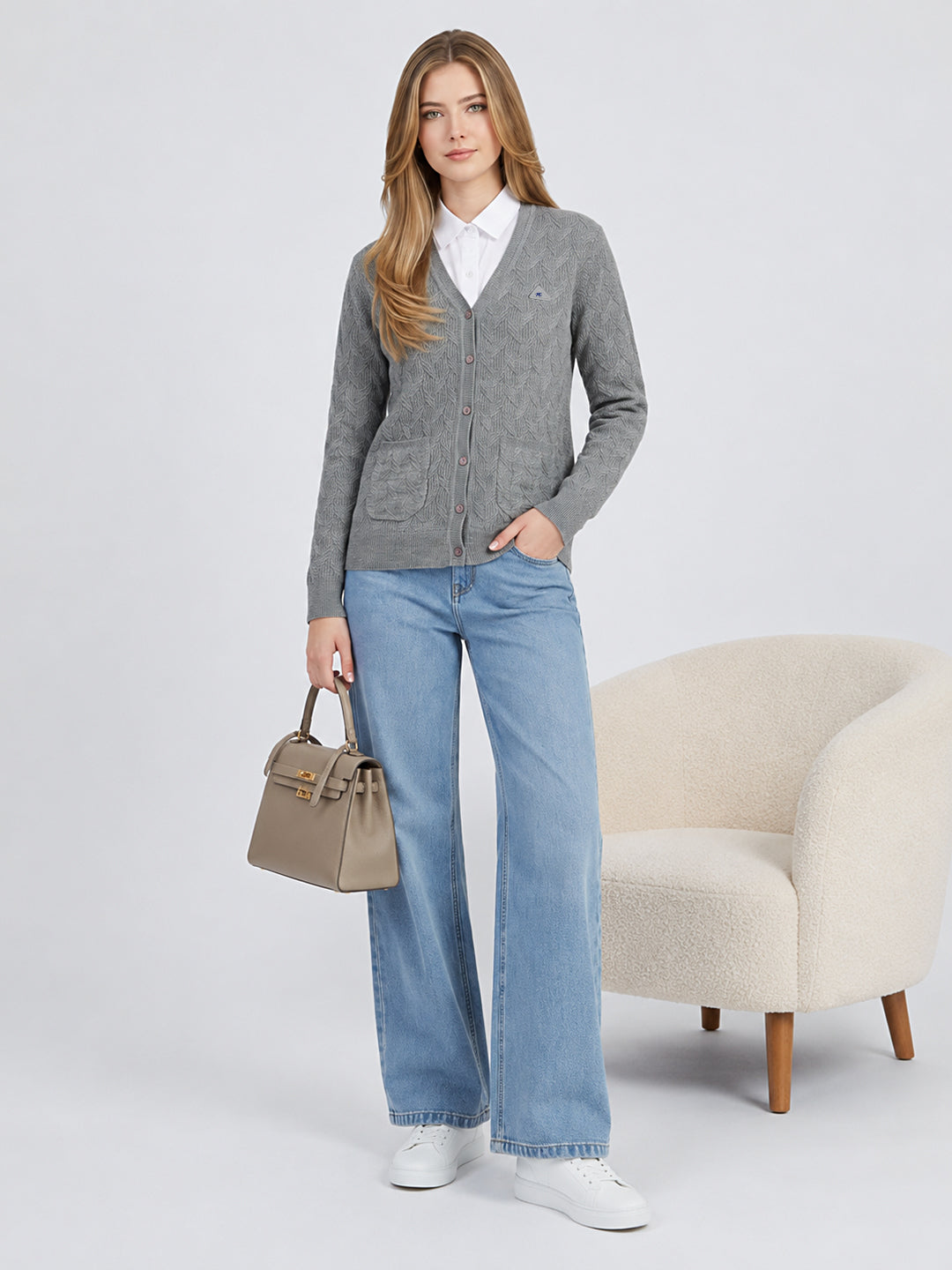 Women Grey Self Design V Neck Full Sleeve Cardigan