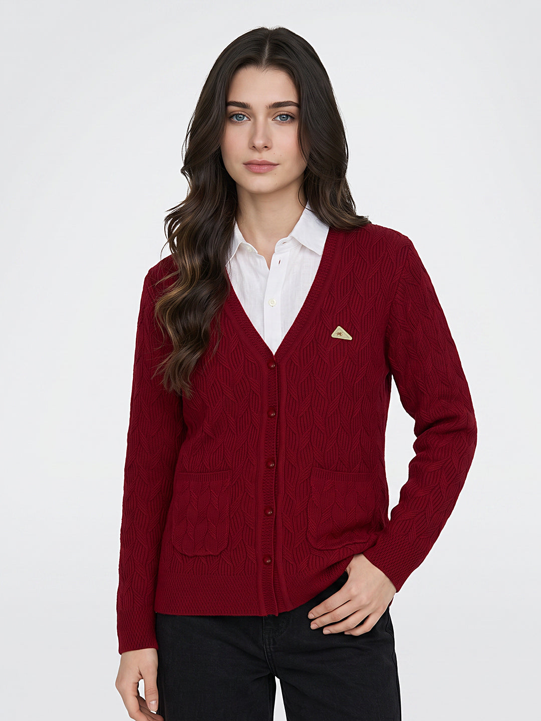 Women Red Self Design V Neck Full Sleeve Cardigan