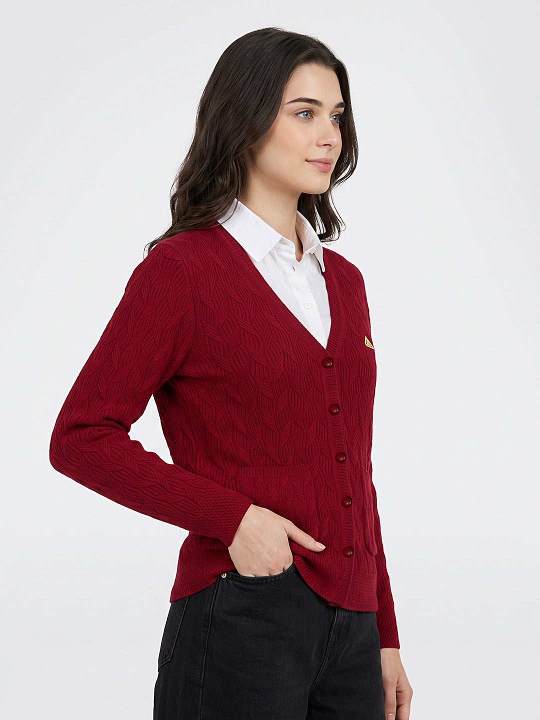 Women Red Self Design V Neck Full Sleeve Cardigan