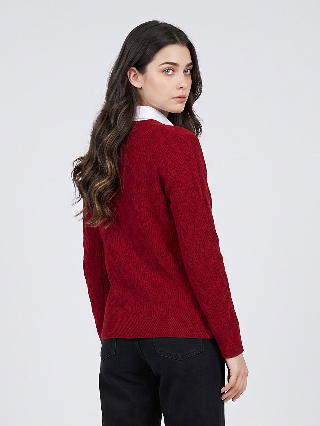 Women Red Self Design V Neck Full Sleeve Cardigan