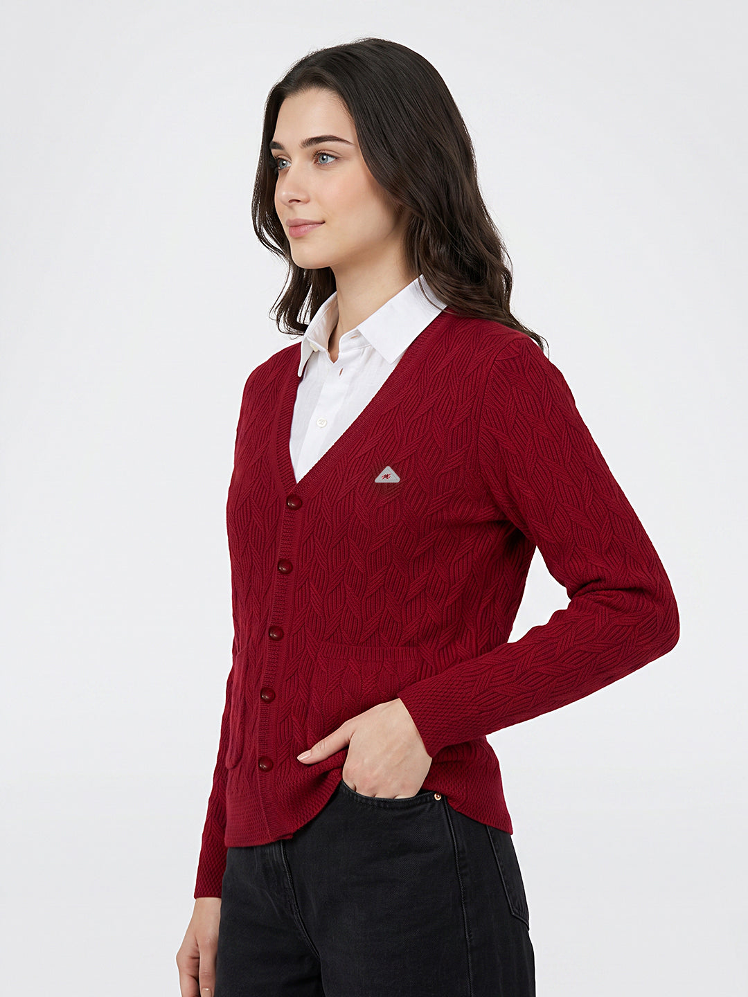 Women Red Self Design V Neck Full Sleeve Cardigan