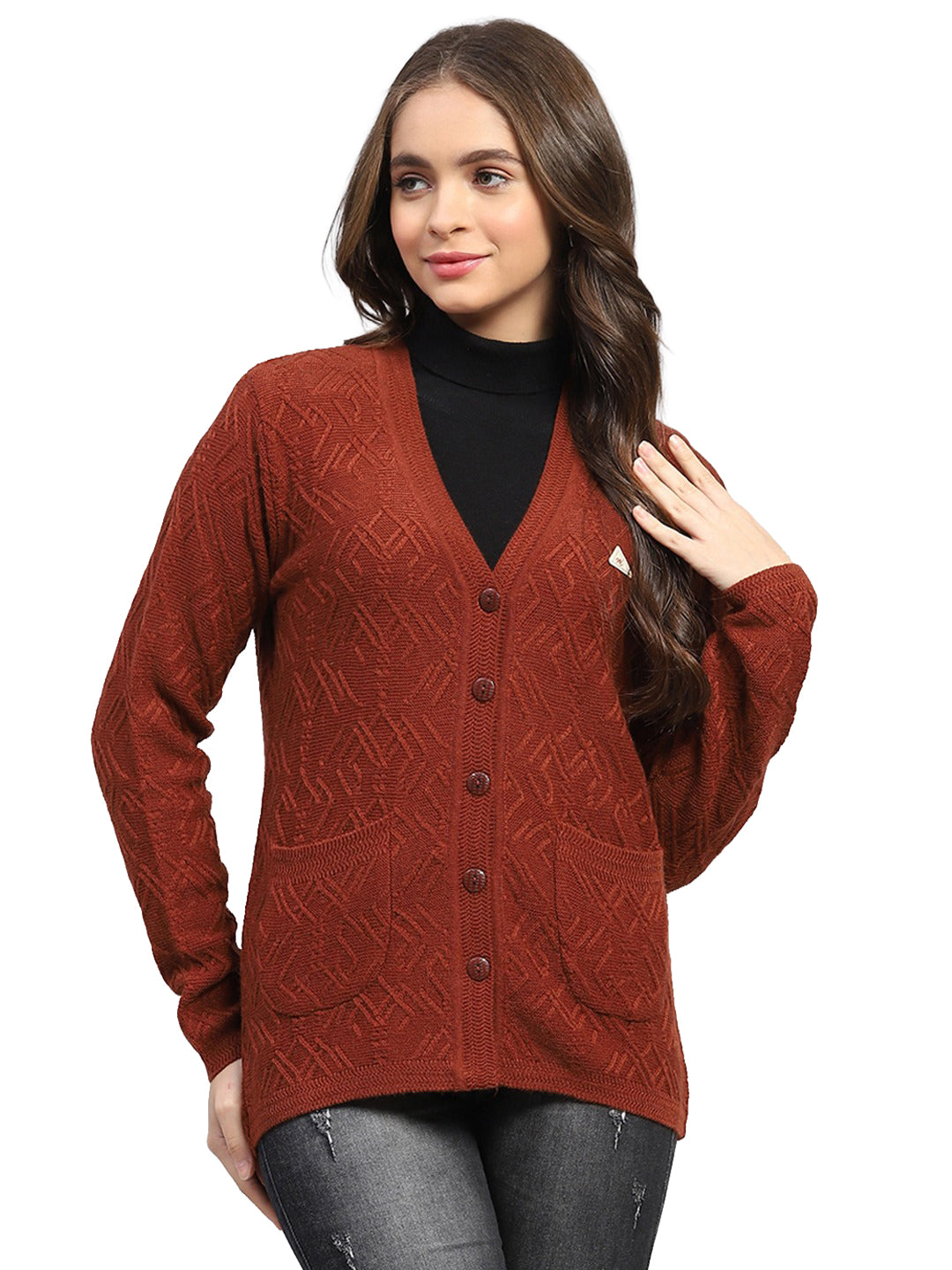 Women Rust Self Design V Neck Full Sleeve Cardigan