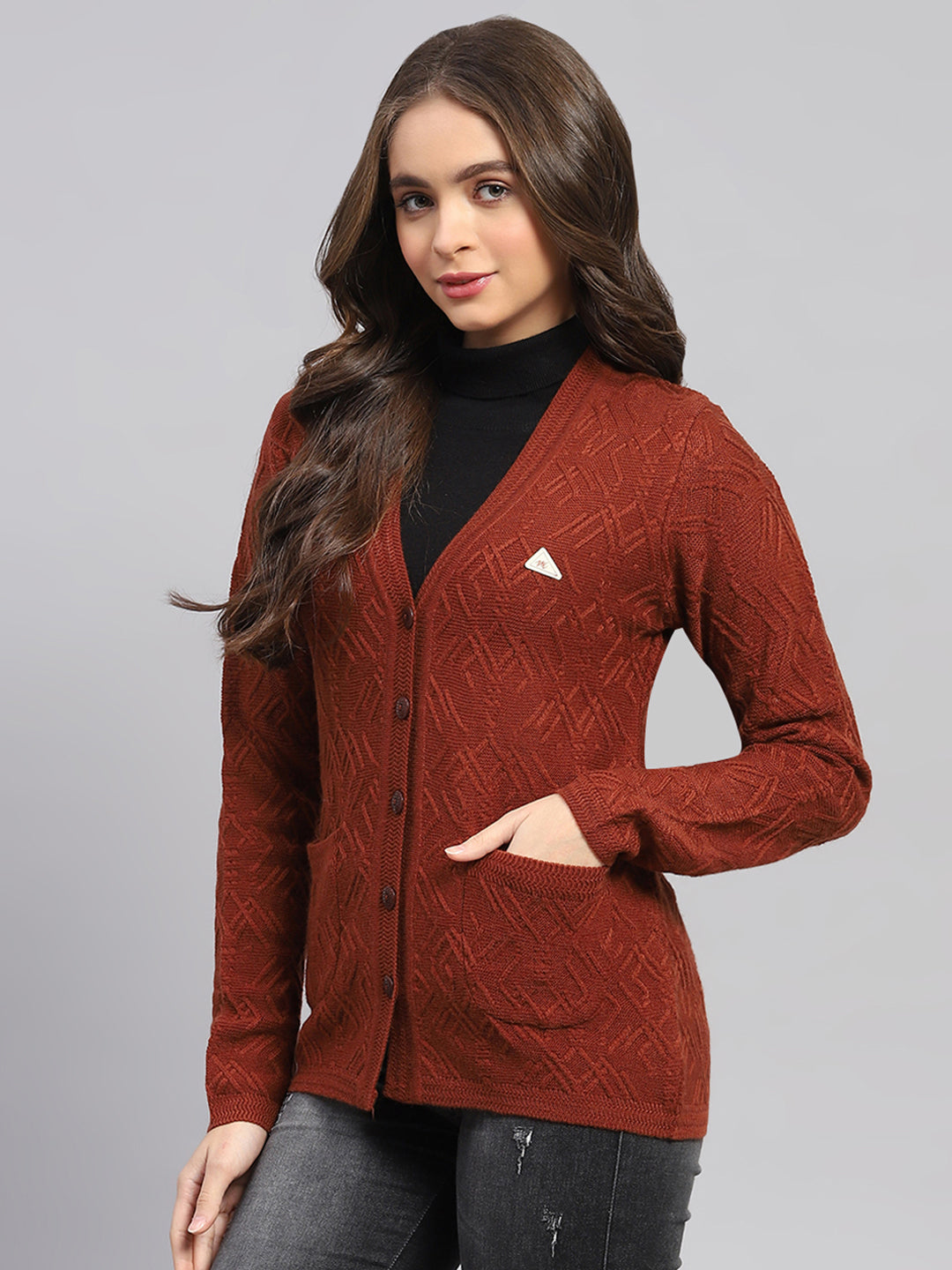 Women Rust Self Design V Neck Full Sleeve Cardigan