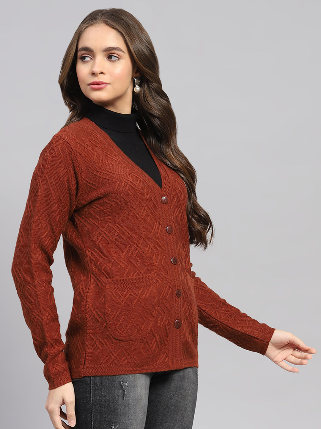 Women Rust Self Design V Neck Full Sleeve Cardigan
