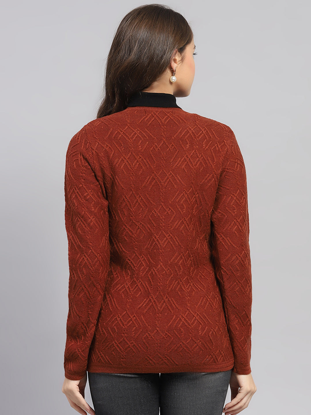 Women Rust Self Design V Neck Full Sleeve Cardigan