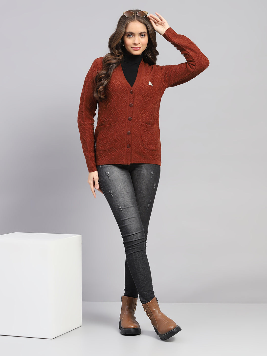 Women Rust Self Design V Neck Full Sleeve Cardigan