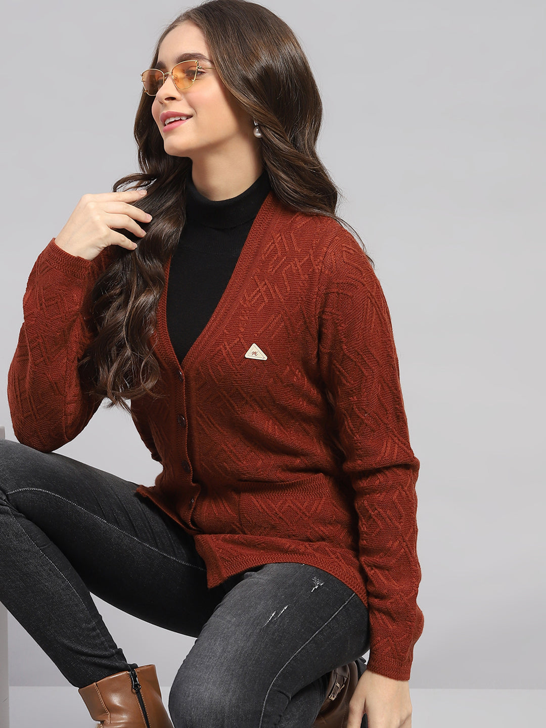 Women Rust Self Design V Neck Full Sleeve Cardigan