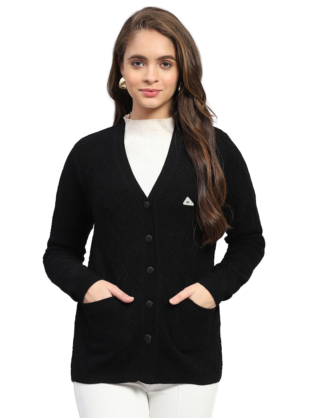 Women Black Self Design V Neck Full Sleeve Cardigan