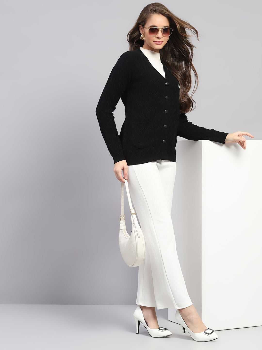 Women Black Self Design V Neck Full Sleeve Cardigan