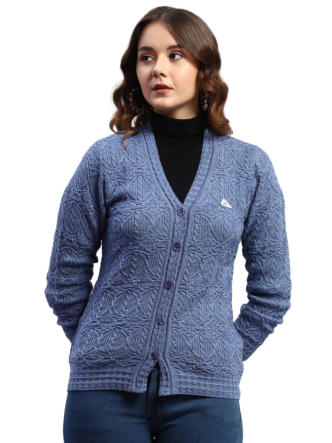 Women Blue Self Design V Neck Full Sleeve Cardigan