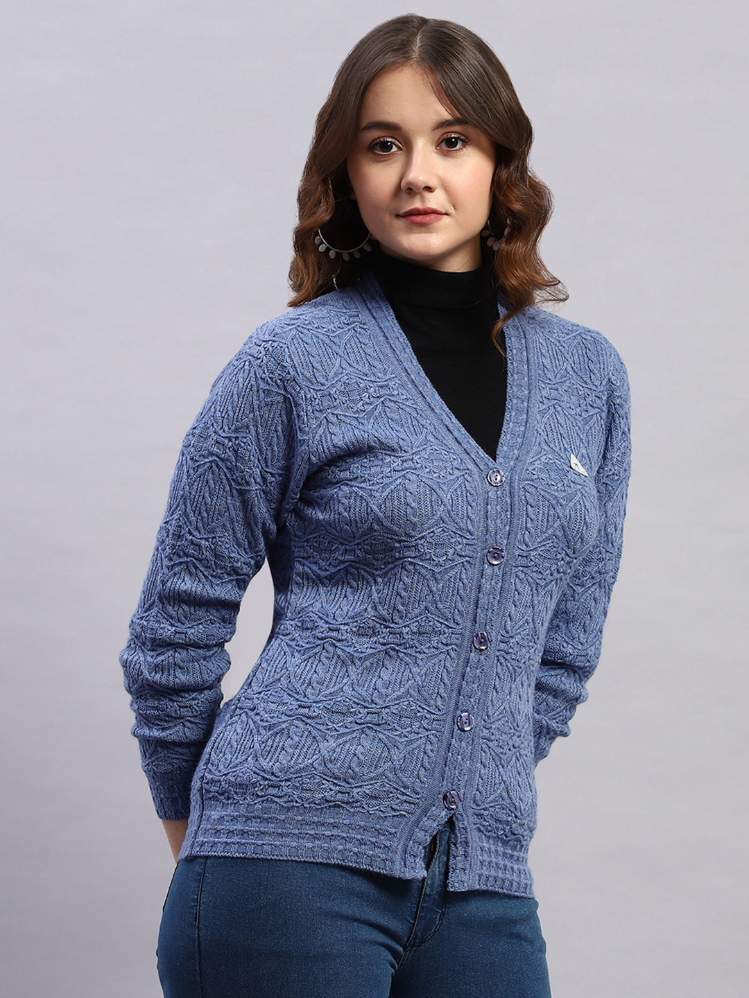 Women Blue Self Design V Neck Full Sleeve Cardigan