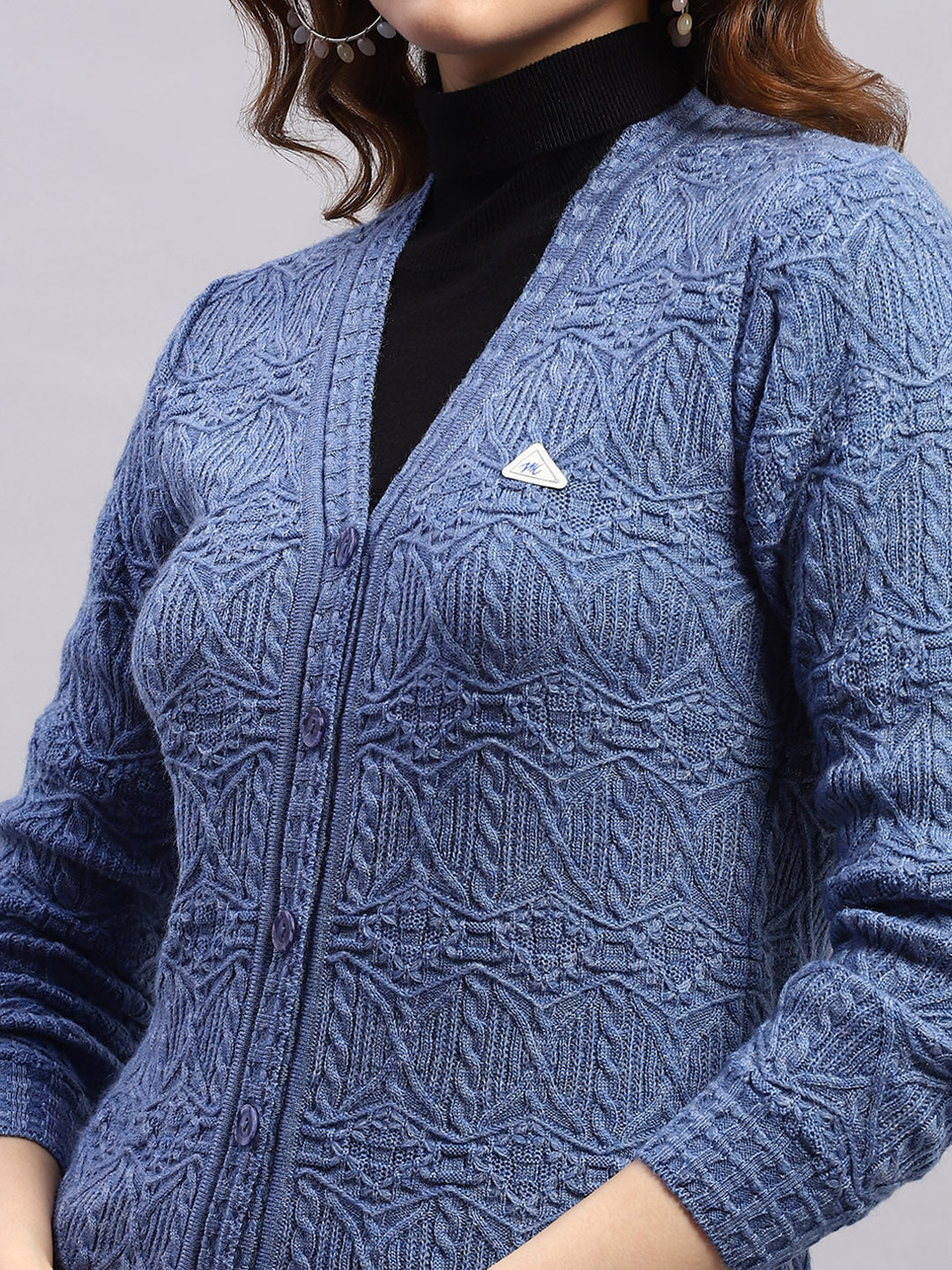 Women Blue Self Design V Neck Full Sleeve Cardigan