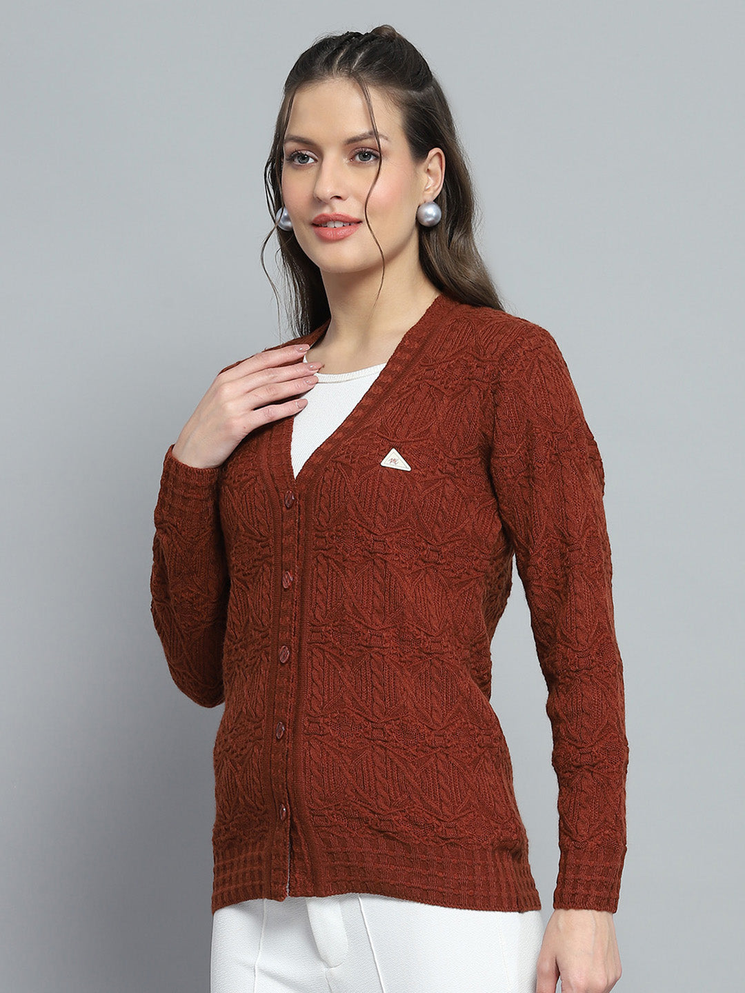 Women Rust Self Design V Neck Full Sleeve Cardigan