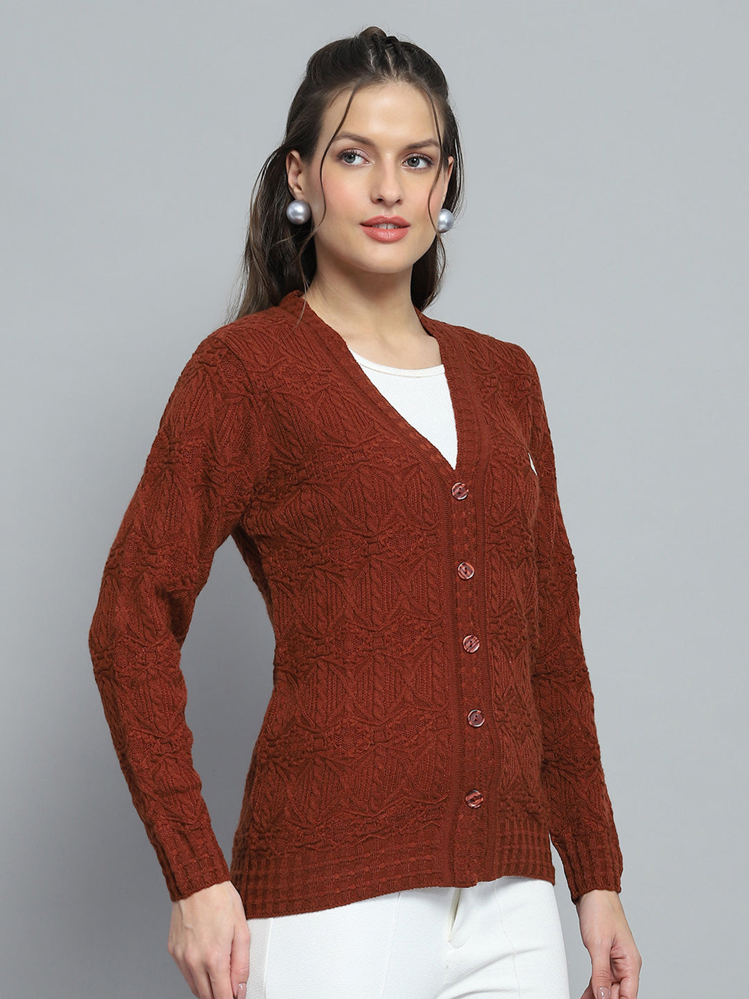 Women Rust Self Design V Neck Full Sleeve Cardigan