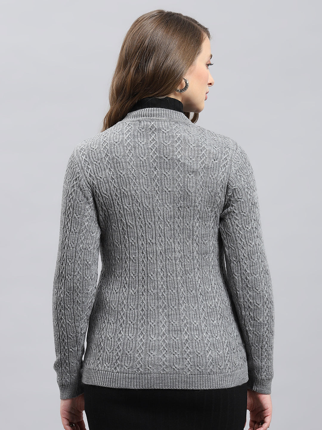 Women Grey Self Design V Neck Full Sleeve Cardigan