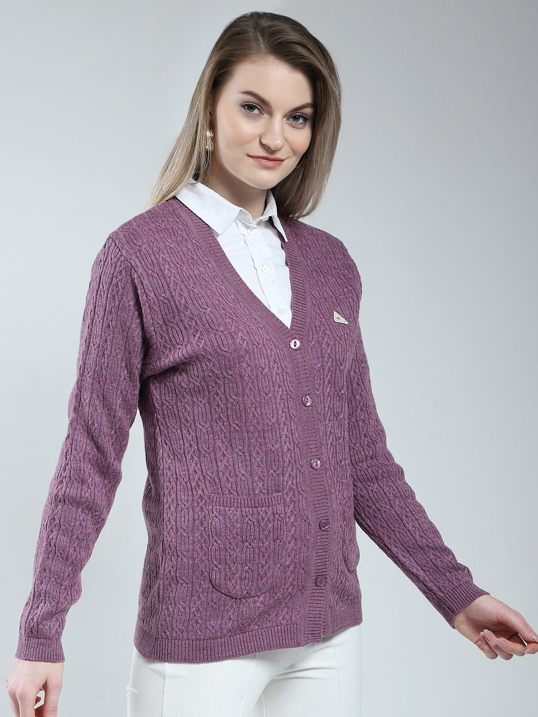 Women Purple Self Design V Neck Full Sleeve Cardigan