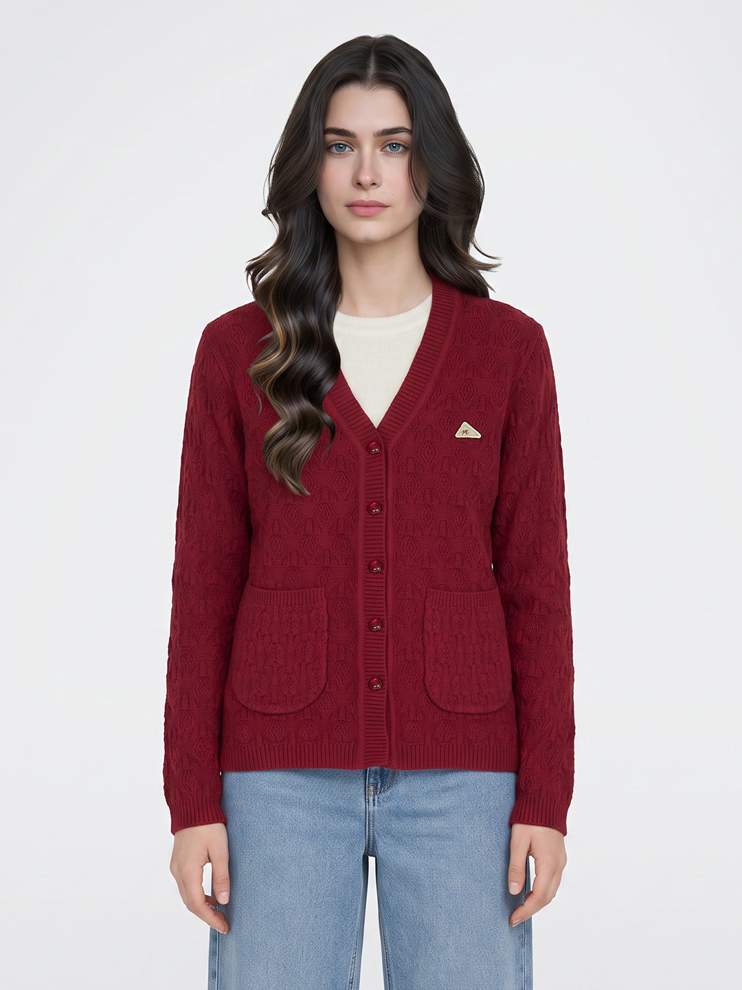 Women Red Self Design V Neck Full Sleeve Cardigan