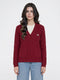 Women Red Self Design V Neck Full Sleeve Cardigan