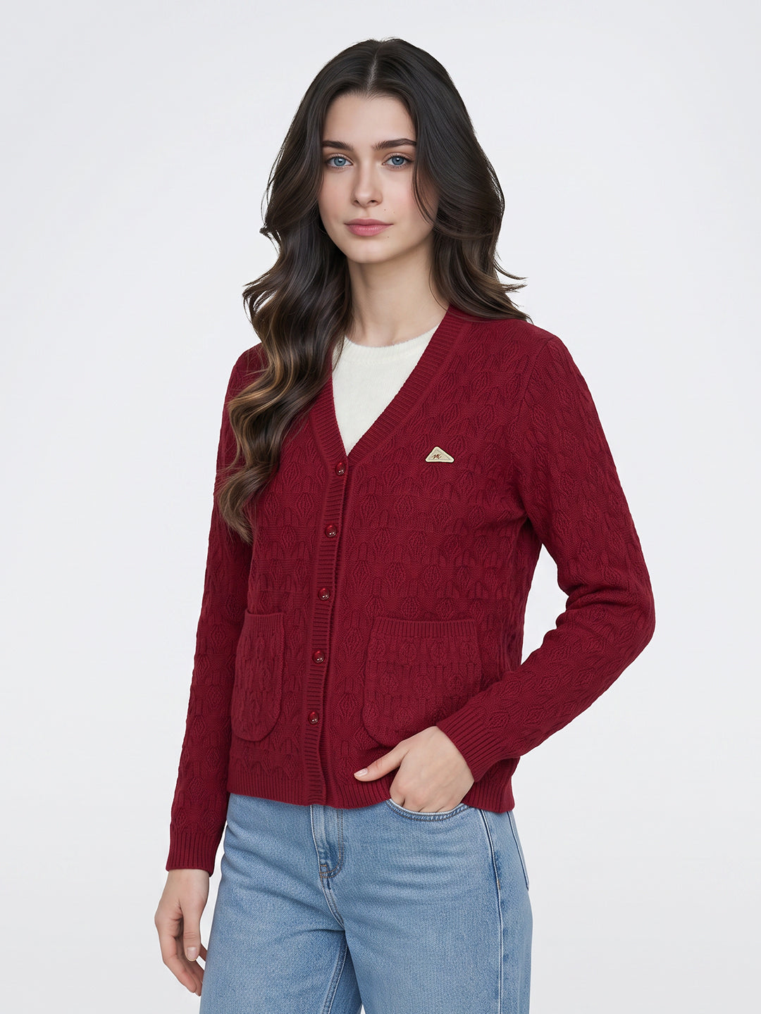 Women Red Self Design V Neck Full Sleeve Cardigan