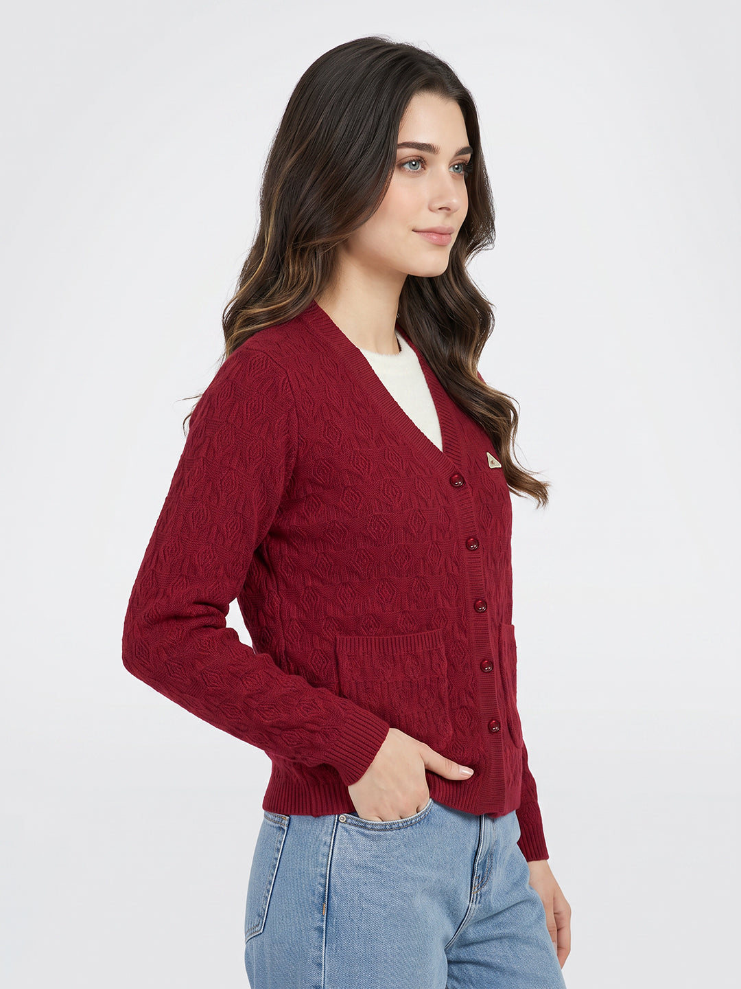 Women Red Self Design V Neck Full Sleeve Cardigan