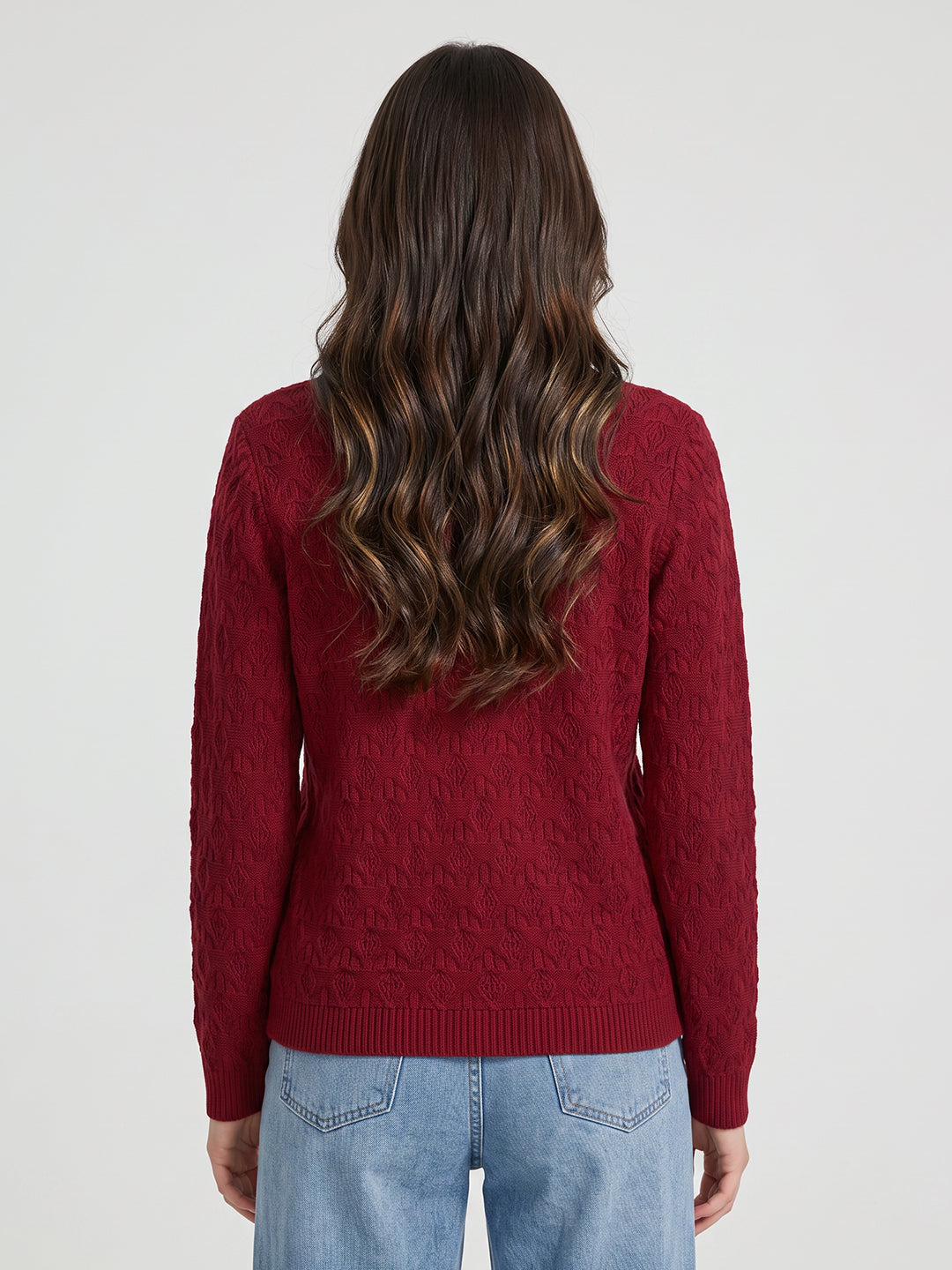 Women Red Self Design V Neck Full Sleeve Cardigan
