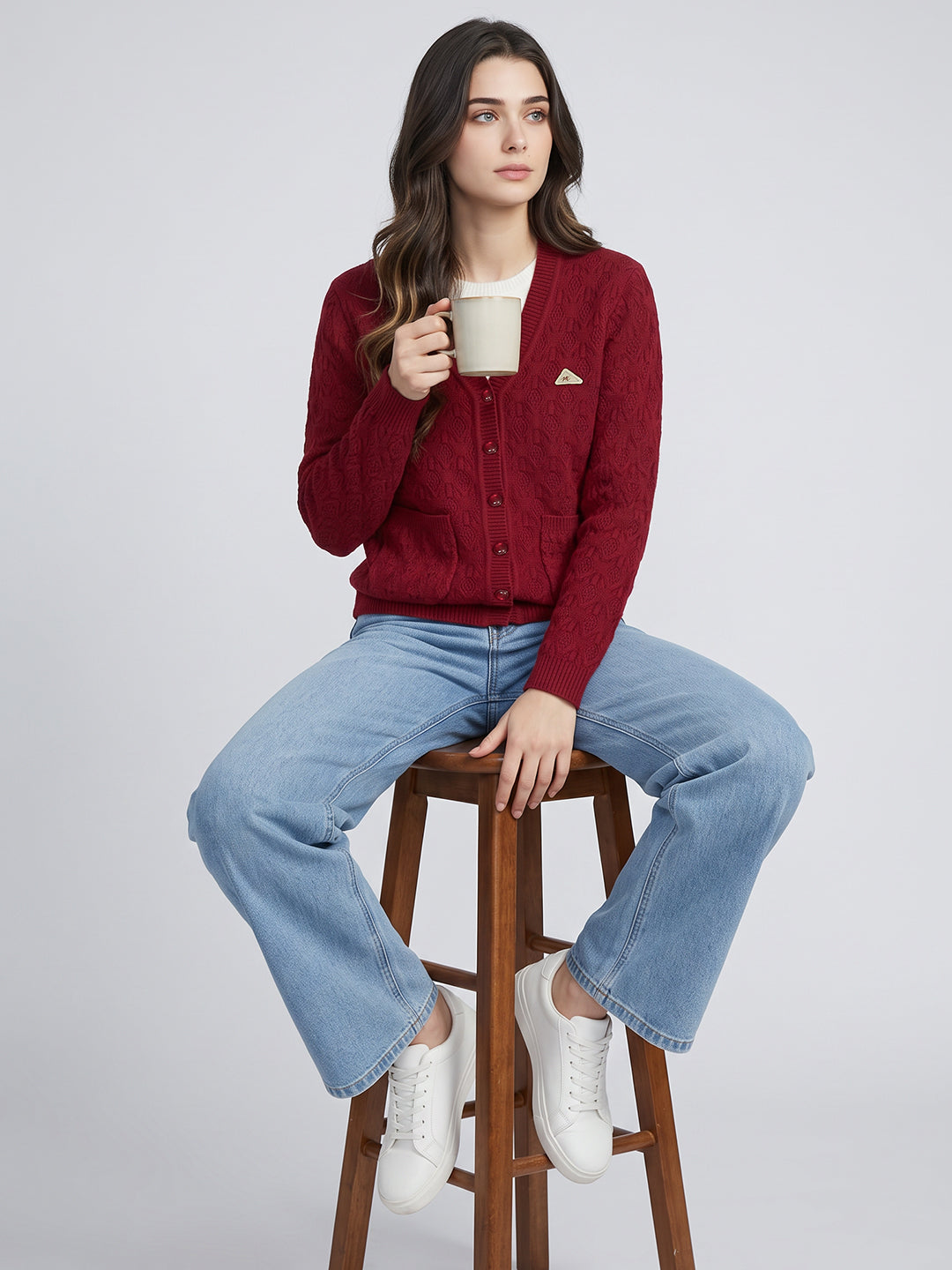 Women Red Self Design V Neck Full Sleeve Cardigan
