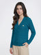 Women Teal Blue Self Design V Neck Full Sleeve Cardigan