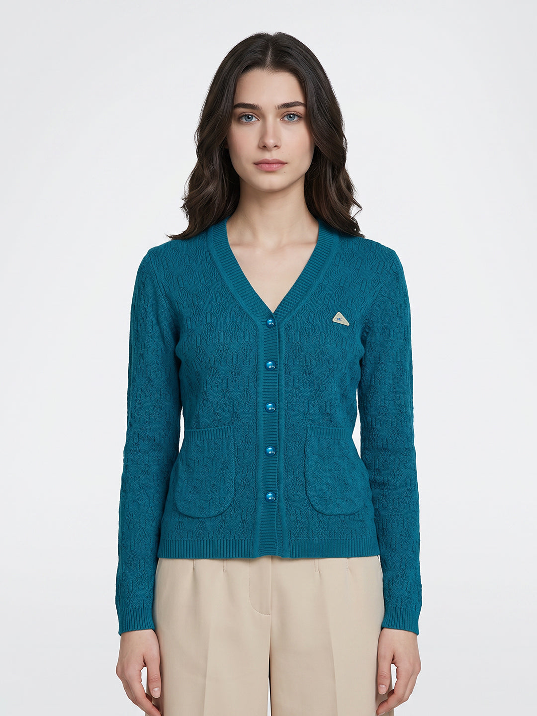 Women Teal Blue Self Design V Neck Full Sleeve Cardigan