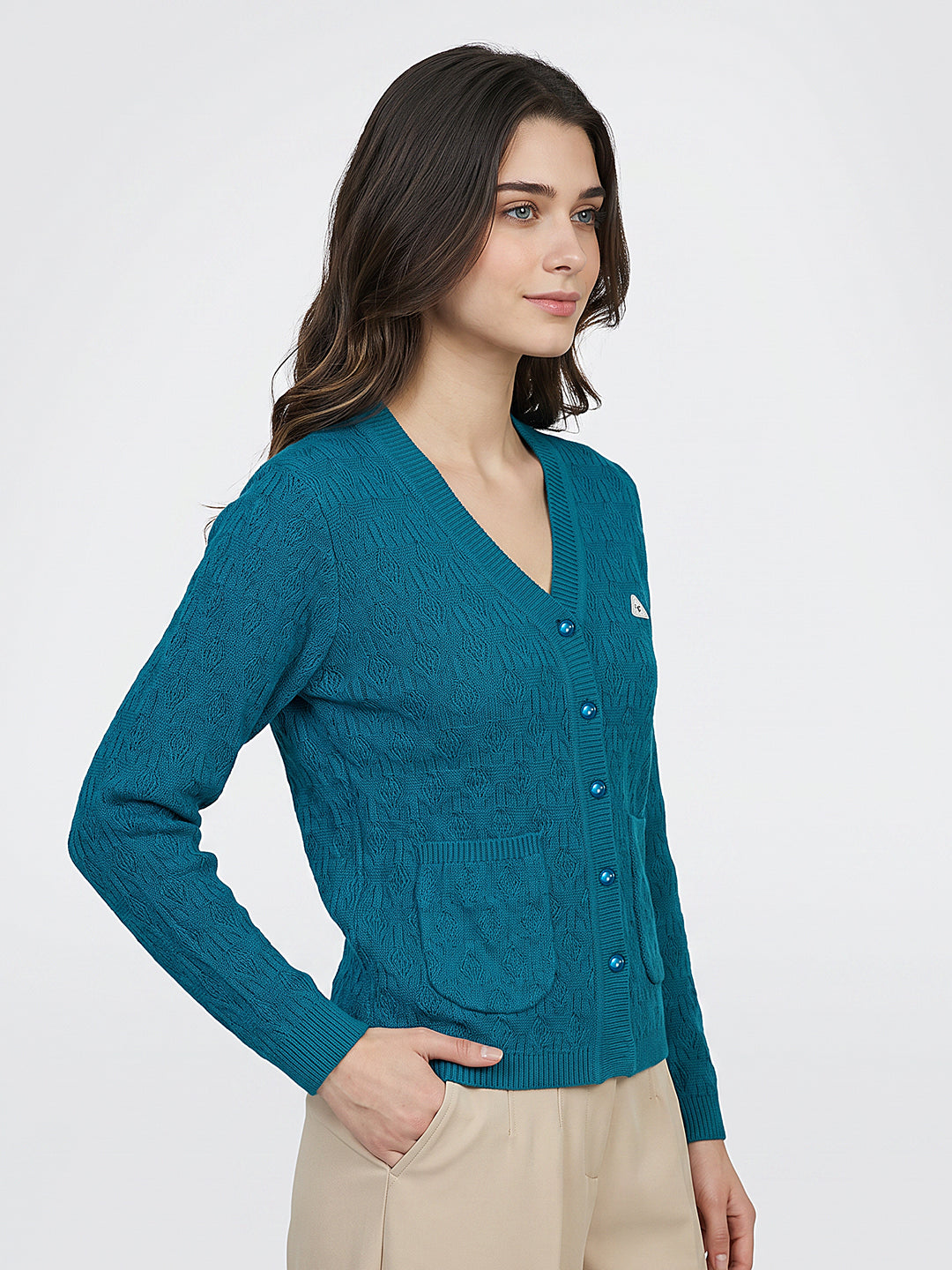 Women Teal Blue Self Design V Neck Full Sleeve Cardigan