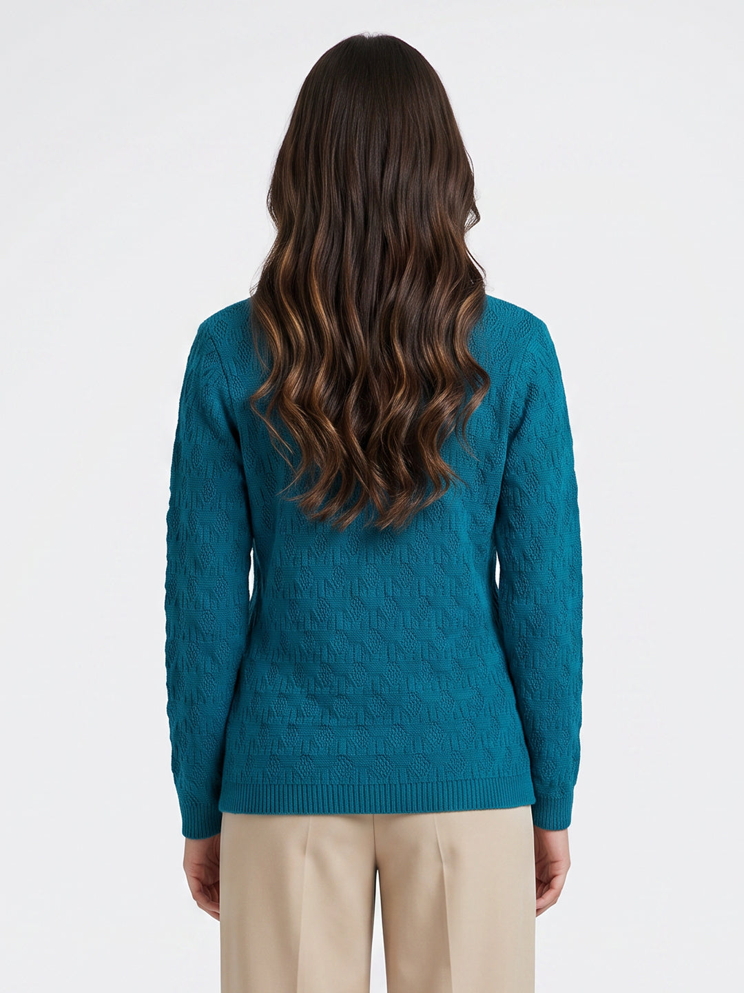 Women Teal Blue Self Design V Neck Full Sleeve Cardigan