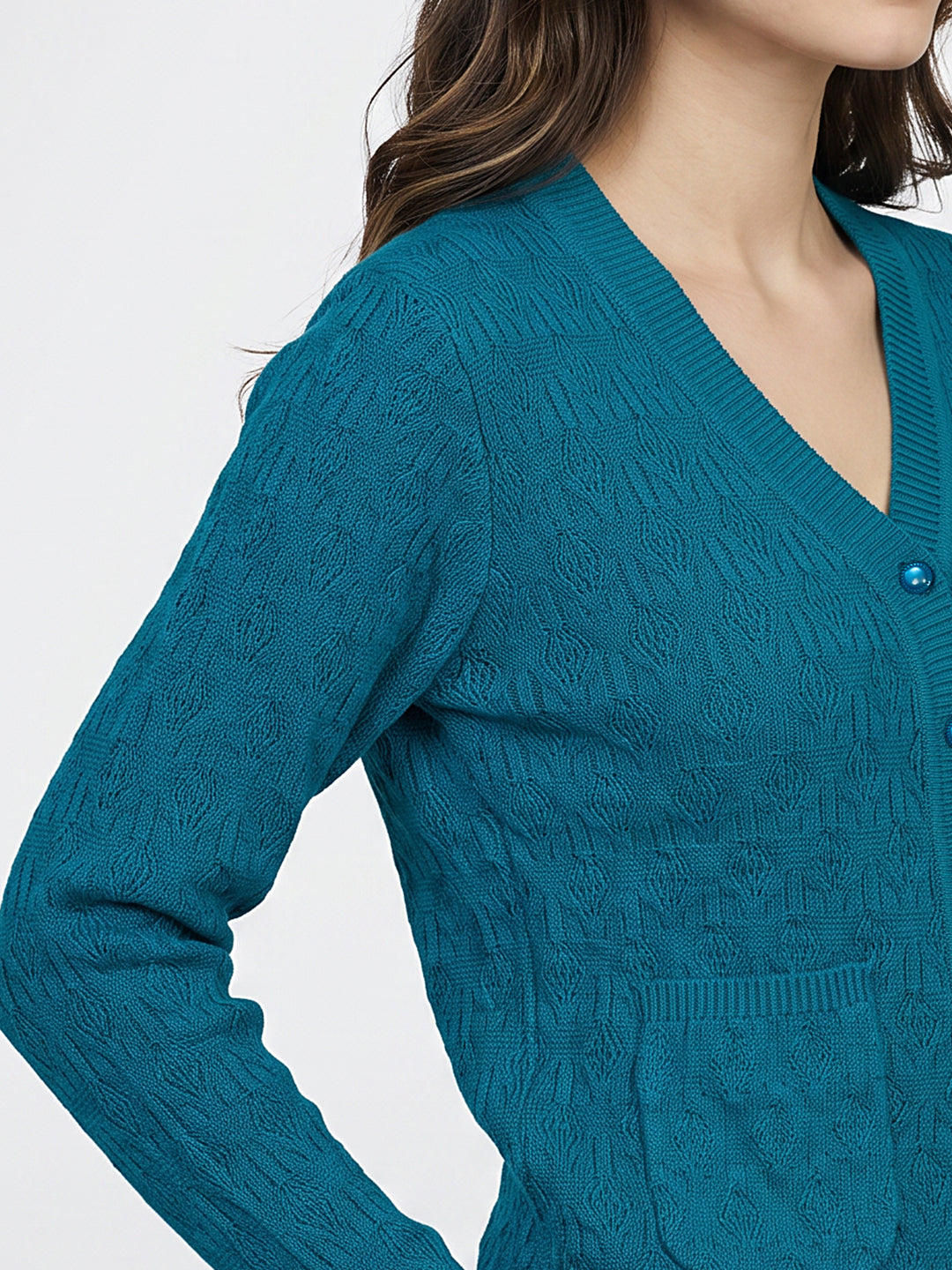 Women Teal Blue Self Design V Neck Full Sleeve Cardigan