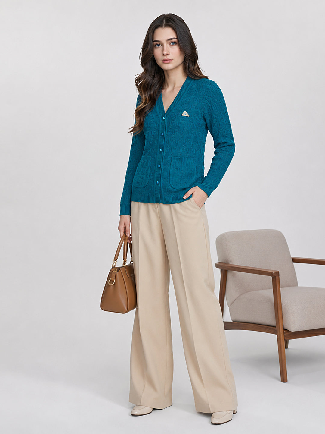 Women Teal Blue Self Design V Neck Full Sleeve Cardigan