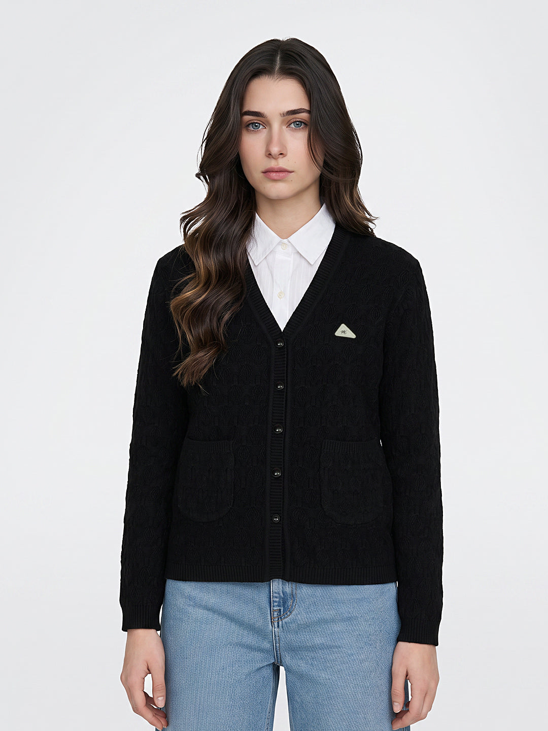 Women Black Self Design V Neck Full Sleeve Cardigan
