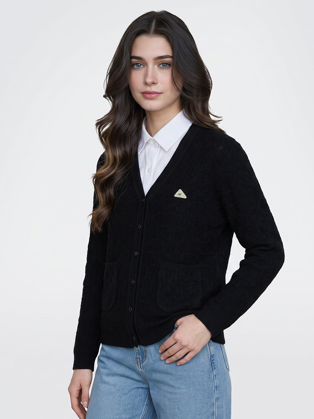 Women Black Self Design V Neck Full Sleeve Cardigan