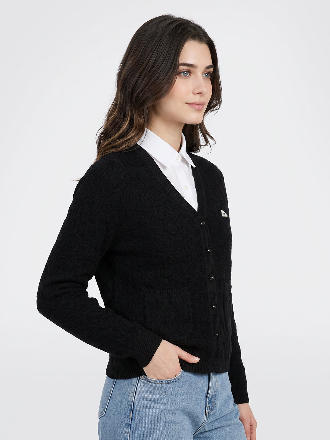 Women Black Self Design V Neck Full Sleeve Cardigan
