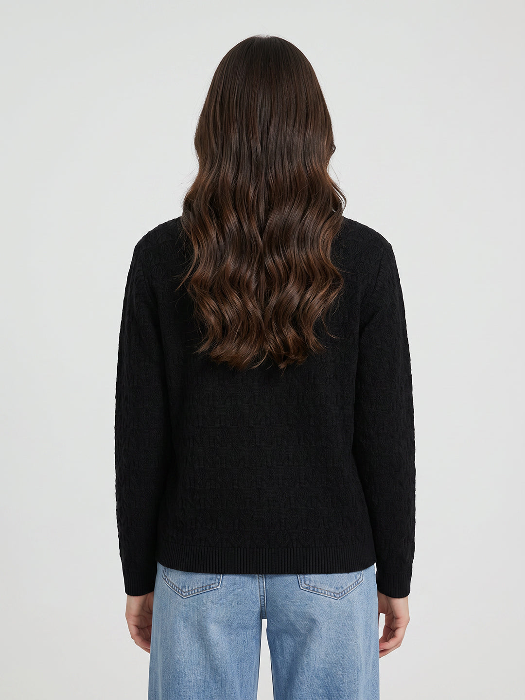 Women Black Self Design V Neck Full Sleeve Cardigan