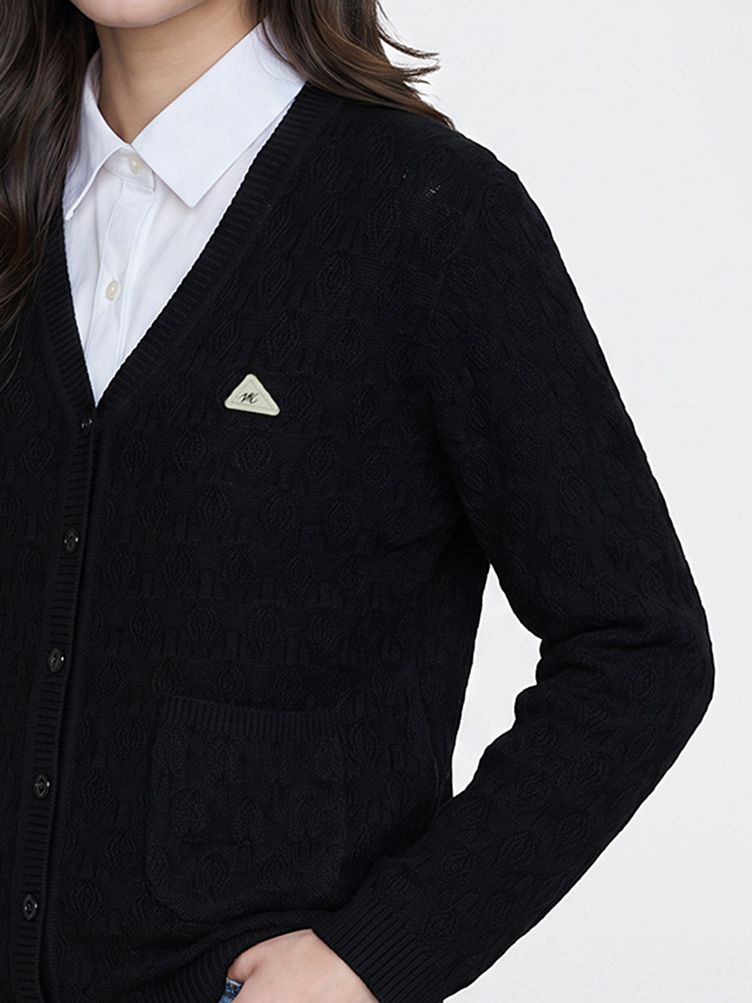 Women Black Self Design V Neck Full Sleeve Cardigan