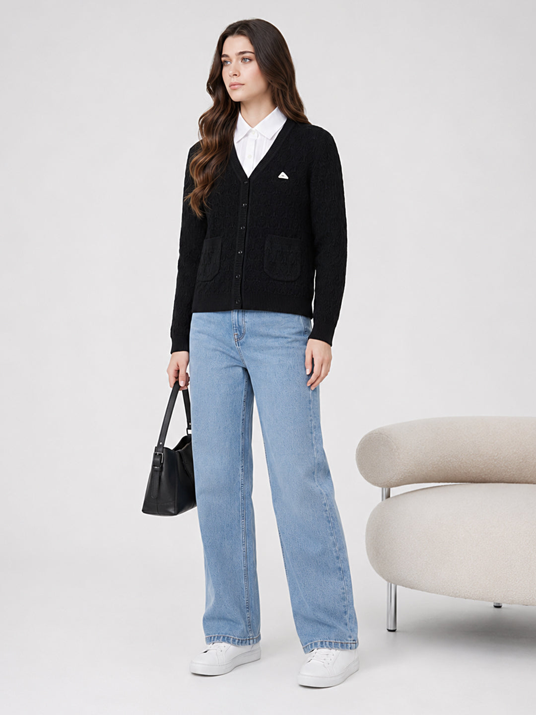 Women Black Self Design V Neck Full Sleeve Cardigan