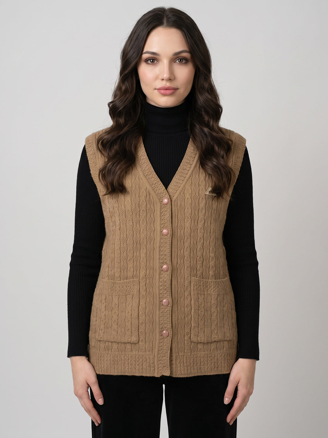 Women Camel Brown Self Design V Neck Sleeveless Cardigan